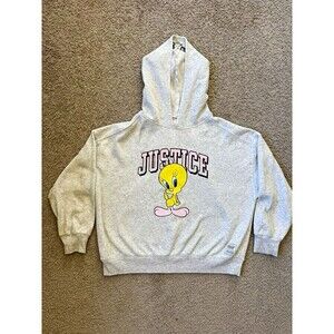 Justice x Looney Tunes Tweety Bird Girls L 12/14 Gray Pullover Hoodie